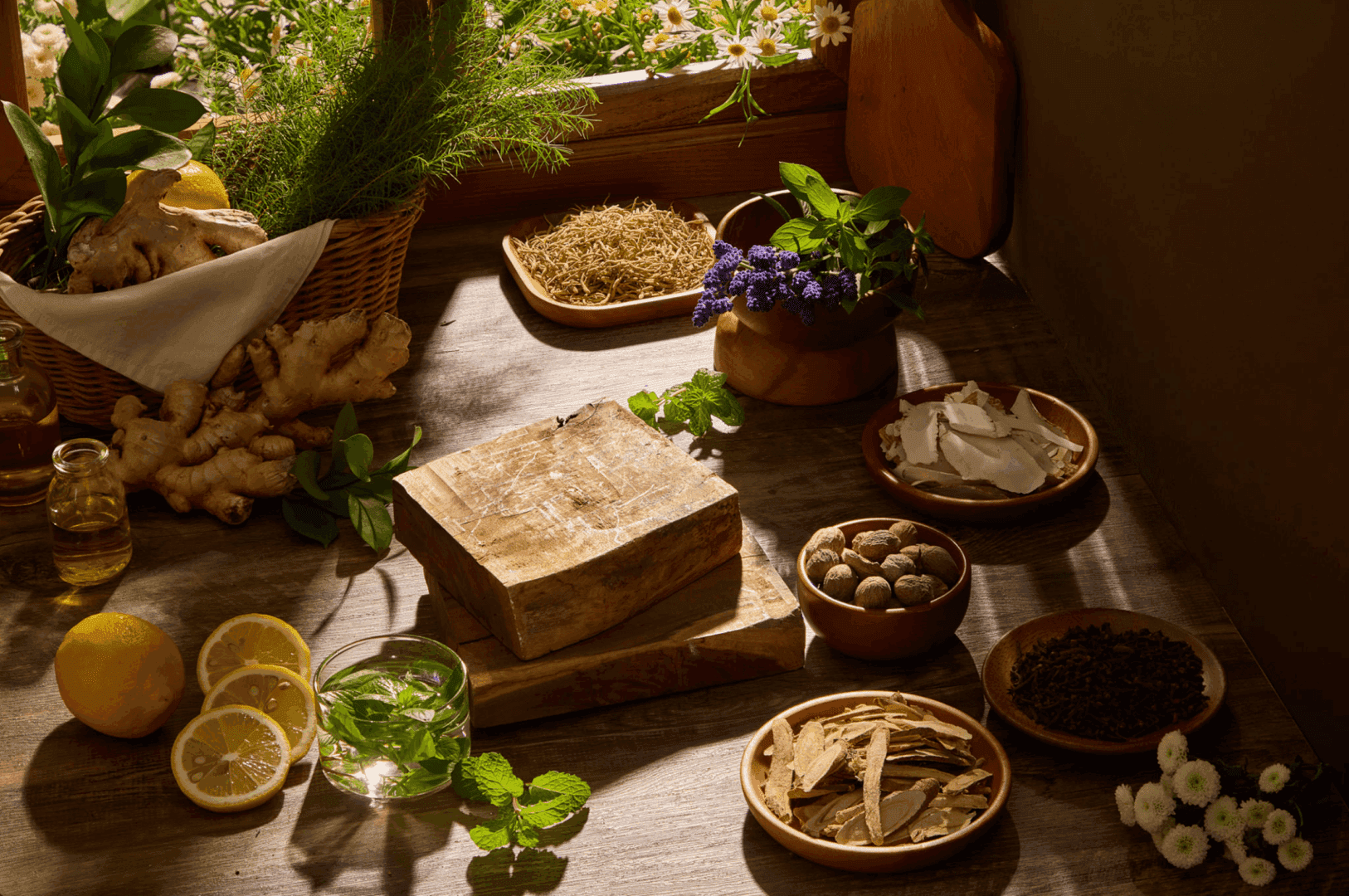 Herbal ingredients and spices on wooden table.