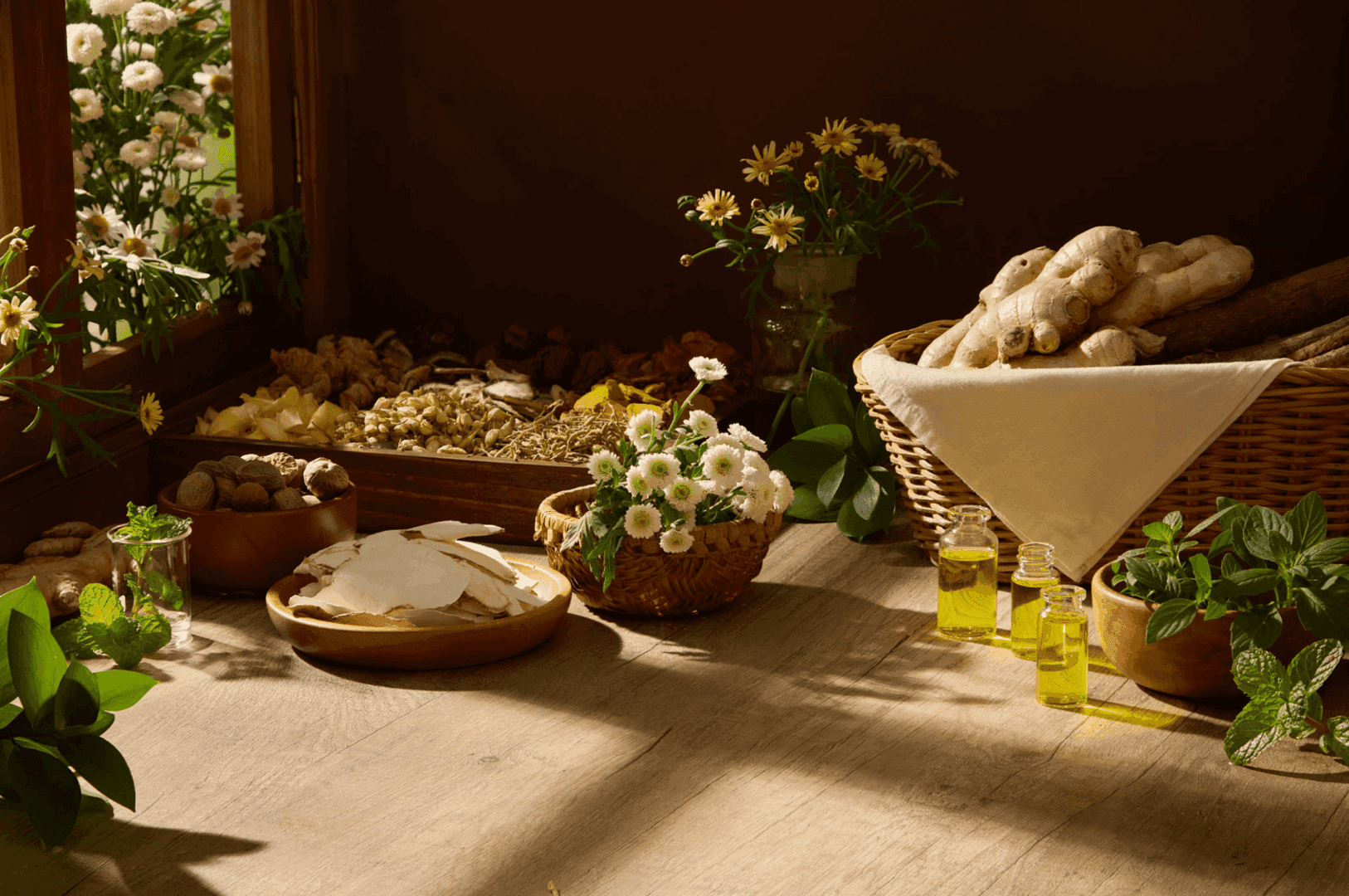 Herbal ingredients and flowers on wooden table.