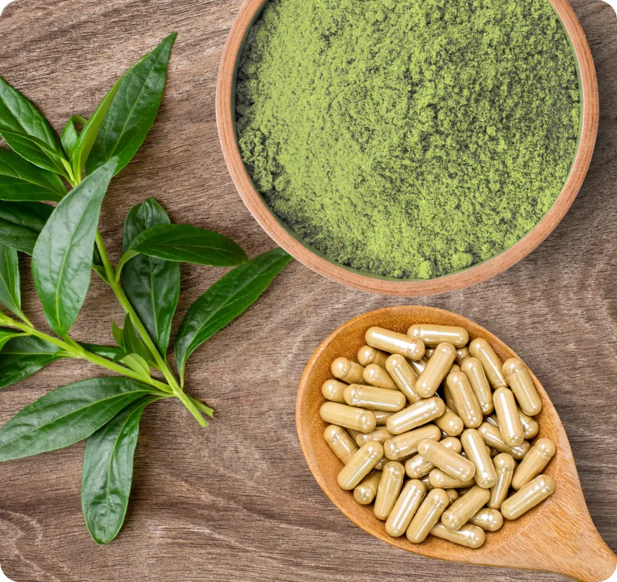 Green tea leaves, powder, and capsules displayed.