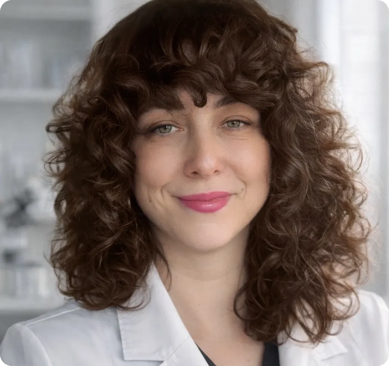 Curly-haired woman smiling in white coat.