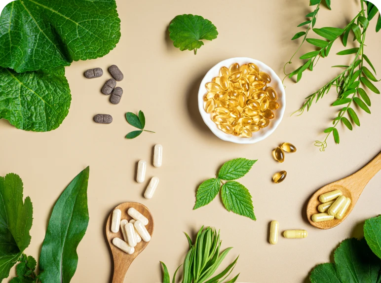 Supplements and herbs on a beige background.